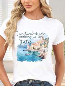 GiftCamiseta de  con estampado de paisaje italiano y texto I am tired of not waking up in Italy ideal para viajes y ocioSoft - Blanco - Ver 7