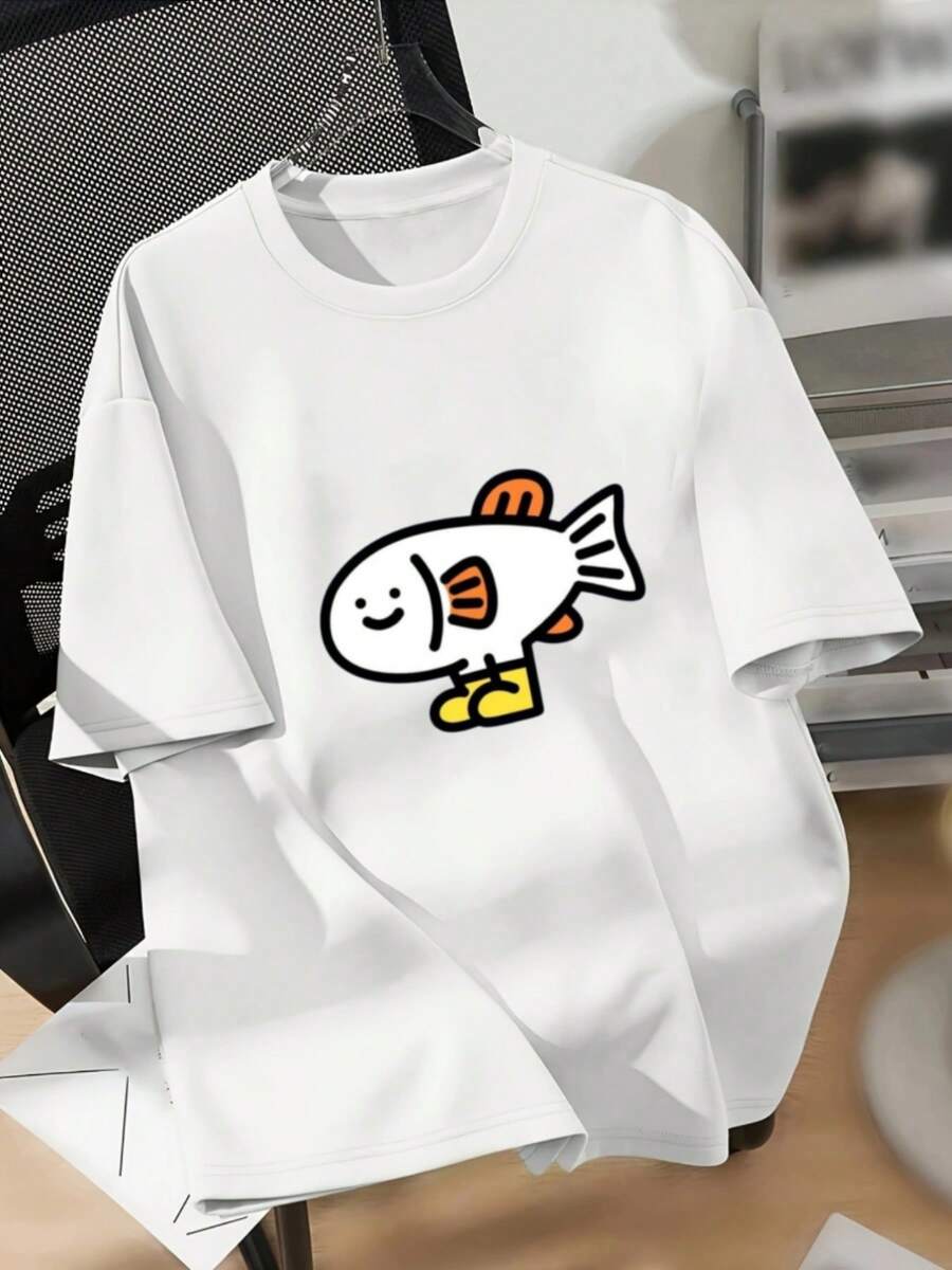Camiseta Oversize para Mujer con Estampado de Peces de Dibujos Animados - Cuello Redondo Casual, Manga Corta, Poliéster, Blanca con Diseño de Peces Azules, Camiseta Oversize para Verano Y2k - Blanco - Ver 1