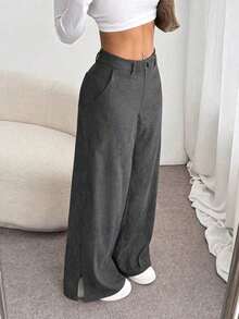 Unity Pantalones largos rectos y sueltos de mujer con abertura lateral, de tela de pana, para otoño/invierno - Gris Oscuro - Ver 12