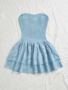 Vestido azul marino con cintura ceñida, plisado, sin tirantes, sexy, calado, con bordado y dobladillo fruncido, estilo vacaciones - Celeste - Ver 2