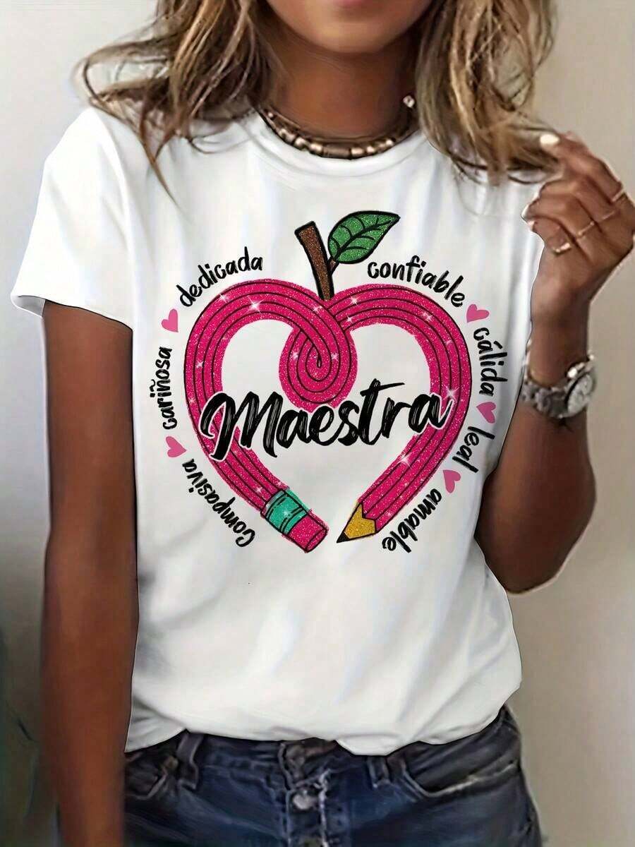 Camiseta de manga corta con cuello redondo y corte holgado 100% algodón para mujer, top casual de uso diario en verano. Camiseta con estampado de corazón de maestra de español, top casual de manga corta y cuello redondo, adecuada para verano y primavera, ropa de mujer. Camiseta de manga corta de algodón puro, cuello redondo y corte holgado, top básico casual suave y transpirable. - Blanco - Ver 1
