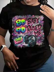 1 Piece Of Plus Size Women's Casual T-Shirt, With Retro Print From The 80s And 90s, Pop Art Style, Vintage, For Spring/Summer/Autumn, Short Sleeve, Round Neck, Comfortable, Suitable For Daily Wear, Vacation And Outdoor Activities, 180g, 100% Cotton. - 黑色 - 查看 6