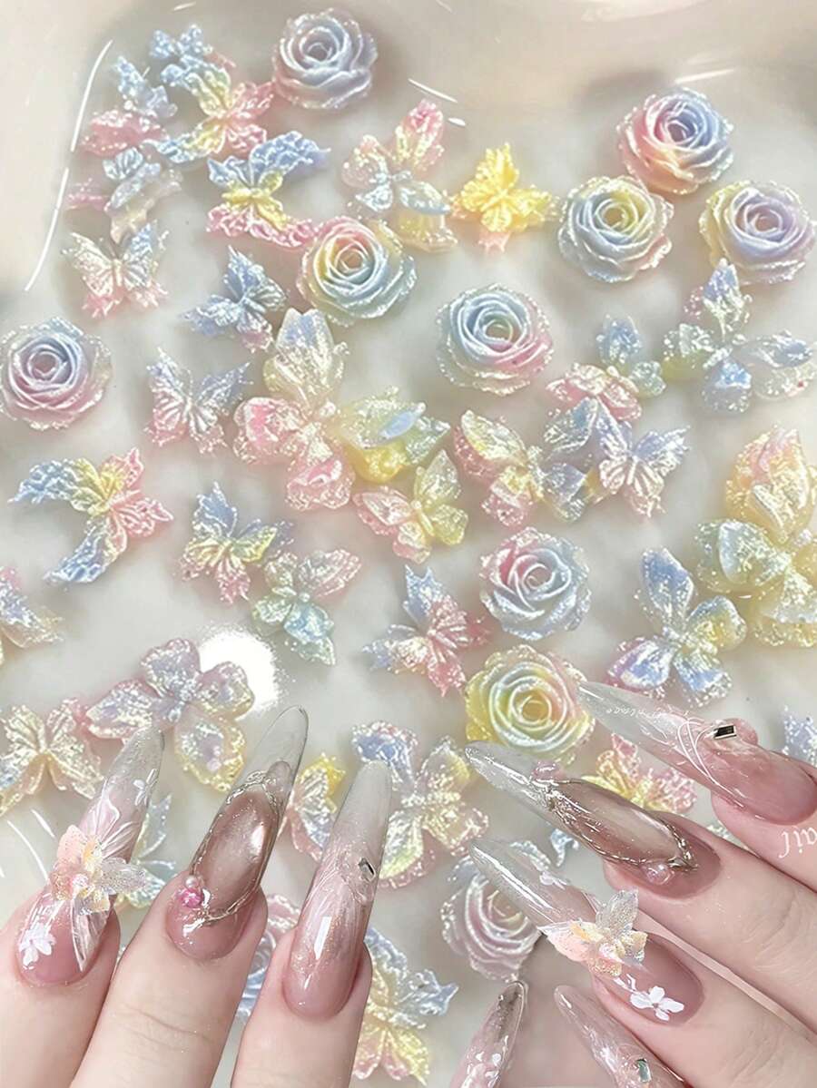 30件裝美人魚漸層蝴蝶玫瑰美甲裝飾，3D亮片樹脂美甲貼片，Y2K可愛馬卡龍色美甲配件，適合DIY美甲、婚禮派對美甲裝飾美甲飾品