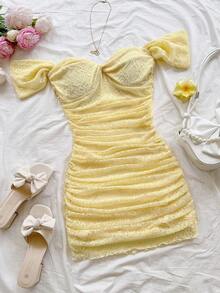 Vestido mini ajustado de punto rojo con hombros descubiertos para mujer, diseño con espalda calada, adecuado para vacaciones, citas, té de la tarde, temporada de bodas, playa, crucero, vacaciones en la ciudad, vacaciones bohemias, festivales de - Amarillo - Ver 8