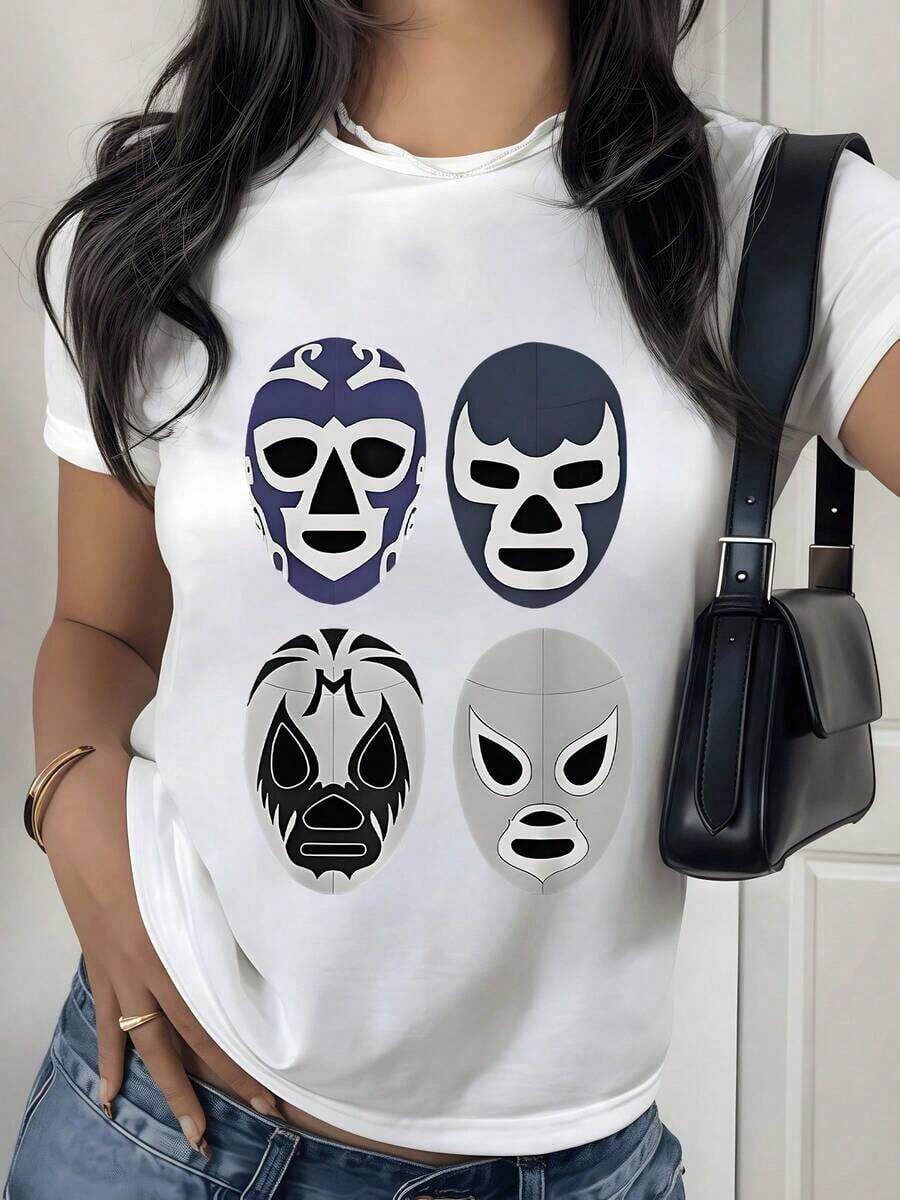Iconic Mexican Wrestling Masks Representing Strength, Spirit, And Cultural Tradition In Contrasting Colors. Women's 100% Cotton Outdoor T-Shirt, Comfortable For Outdoor Activities. - 白色的 - 查看 1
