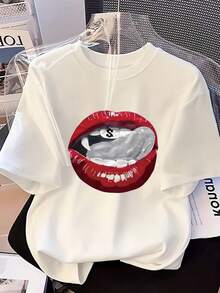 Women's Casual Summer T-Shirt With Bold Red Lips Print And Lettering - Silky Fiber Fabric, Short Sleeve, Round Neck, For Casual Wear, Women's T-Shirts Y2k - 白色 - 查看 10