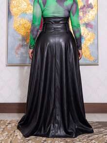 Falda de piel sintética elegante para mujer talla grande - Diseño asimétrico de cintura con unicolor y estilo línea A con cinturón, elegante para el trabajo y uso diario, adecuada para todas las estaciones, color negro primavera - Negro - Ver 3