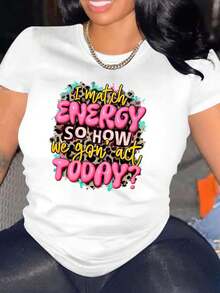 Camiseta Blanca con Estampado de Leopardo y Grafiti para Mujer de Holiday Cheer - "ME ENCAJÉ EN LA ENERGÍA, ¿ASÍ QUE CÓMO VAMOS A ACTUAR HOY?"Camiseta Gráfica de Manga Corta con Cuello Redondo, 100% Algodón, Corte Holgado, Elasticidad Media, Ropa Casual para Primavera/Verano, Vacaciones, Estilo Y2k - Negro - Ver 10