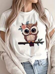 Soft 100% Cotton T-Shirt With Letter Print, Short Sleeve, Round Neck, Casual Top, Women's Clothing, Breathable Cotton T-Shirt, Goes With Everything, Great. - 白色 - 查看 6