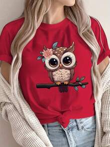Camiseta suave 100% algodón con estampado de letras, manga corta, cuello redondo, top casual, ropa de mujer, camiseta de algodón transpirable, combina con todo, genial. - Rojo - Ver 1