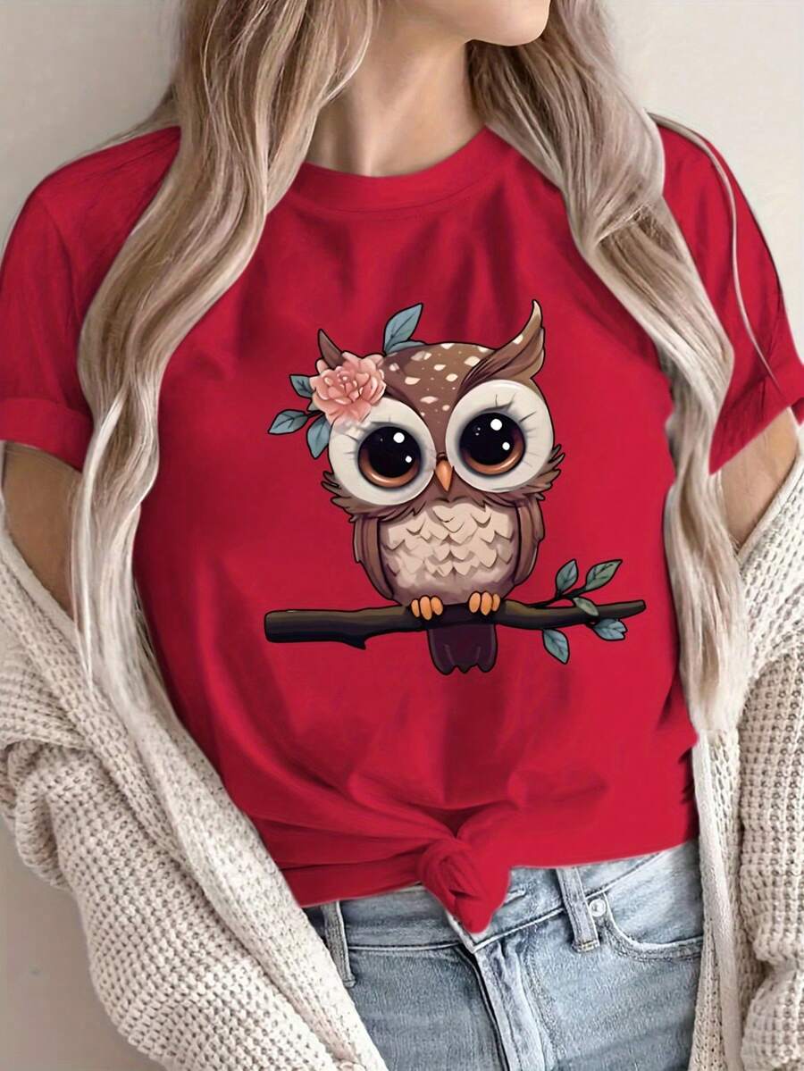 Camiseta suave 100% algodón con estampado de letras, manga corta, cuello redondo, top casual, ropa de mujer, camiseta de algodón transpirable, combina con todo, genial. - Rojo - Ver 1