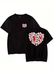 Camiseta con Estampado de Corazón y Texto "Ya No Sufras", Estilo Casual Simple, 100% Algodón Puro, Suave y Cómoda, Cuello Redondo, Manga Corta, Top de Moda Urbana para Todas las Temporadas, Camiseta Casual de Cuello Redondo, Estilo Y2k, Camiseta. - Negro - Ver 1