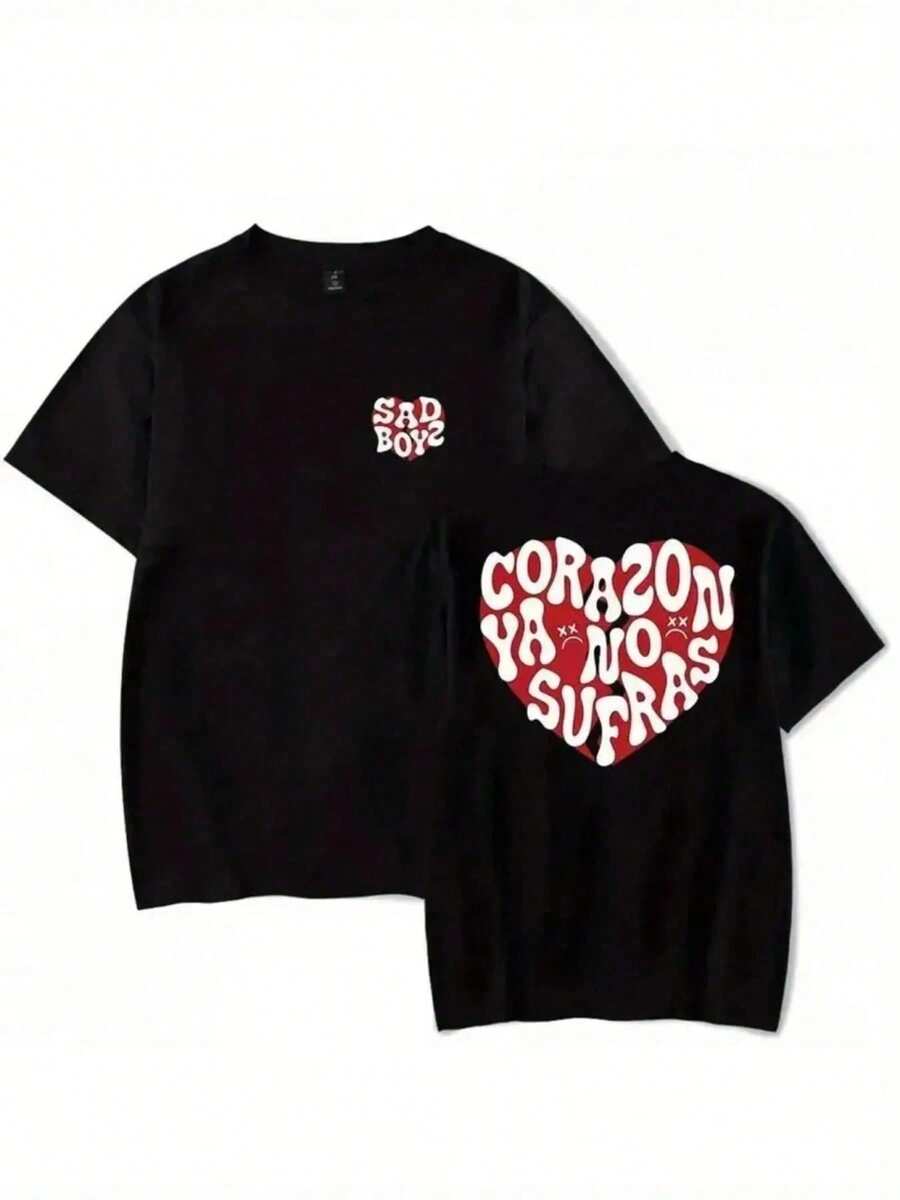 Camiseta con Estampado de Corazón y Texto "Ya No Sufras", Estilo Casual Simple, 100% Algodón Puro, Suave y Cómoda, Cuello Redondo, Manga Corta, Top de Moda Urbana para Todas las Temporadas, Camiseta Casual de Cuello Redondo, Estilo Y2k, Camiseta. - Negro - Ver 1