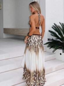 Women's Glitter Leopard Print Halter Maxi Dress | Deep V-Neck Cutout Waist Sheer Mesh Dress With Beaded Trim For Beach, Vacation & Party - 鏽棕色 - 查看 2