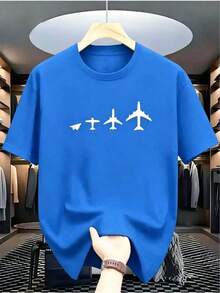 Premium Black Crew Neck T-Shirt With Airplane Evolution Print, Suitable For Casual And Sport Wear, All-Season Short Sleeve T-Shirt, Slightly Stretchy Knit Fabric, Regular Fit, Perfect For Everyday And Weekend Wear. - 藍色 - 查看 7