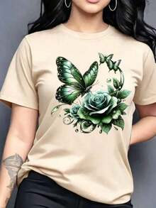 1 Piece Casual Fashion For Men And Women Spring Tops Fashion Letter Print Women's Round Neck Pure Cotton T-Shirt Simple Design, Comfortable And Breathable Suitable For Casual Daily Wear, Versatile, Shows Natural And Elegant Style, Summer Party Essential, Local Delivery Loose And Comfortable Versatile For Summer, Easy To Match, For Daily Wear, Urban Style, Vacation Outfits, Weekend Outfits. - 杏色 - 查看 2