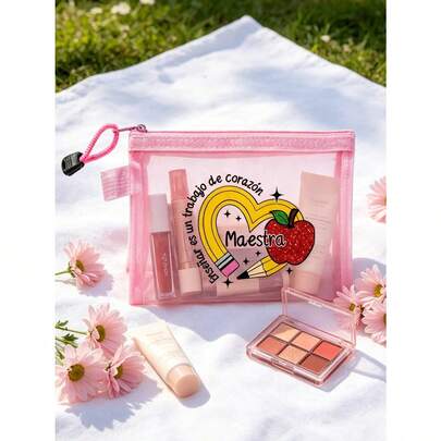 Bolsa de malla con tema de maestro, estampado de manzana con texto "Maestra", bolsa de almacenamiento de malla transparente, bolsa de almacenamiento de cosméticos, organizador portátil de artículos de tocador, regalo ideal para maestros, accesorios de viaje | Diseño inspirador, bolsas de cosméticos impresas con letras coloridas y divertidas, regalos de regreso a clases para maestros, regalos para hermanas, mejores regalos para maestros, regalos de cumpleaños, regalos de aniversario, regalos de graduación, regalo creativo para maestros.