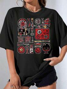 Camiseta Blanca de Mujer, Estilo Oversize, con Estampado de Manga y Anime de Inspiración Japonesa, para Uso Casual y Estilo Urbano, Ideal para Fiestas al Aire Libre, Camiseta Estampada Casual 2026 - Negro - Ver 2