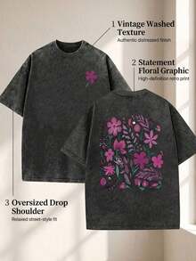 Fun Women's Clothing With  Cartoon Floral And Plant Prints, Street Style, Korean Style, Comfortable, Retro, Versatile For Work, Y2K Women's Clothing, Black Fitted Short-Sleeved Crew Neck T-Shirt, Niche Punk Style, Double-Sided Print, Comfortable Pure Cotton T-Shirt From The Washed Retro Series, Easily Creates Retro Casual Wear, Suitable For Daily Commutes, Casual Outings And Everyday Use, Classic Retro Style Women's Clothing. - 黑色 - 查看 7