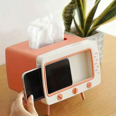Caja de pañuelos con forma de TV multifuncional - Dispensador de pañuelos de plástico de estilo casual con soporte para teléfono - Caja de pañuelos de plástico con diseño de dibujos animados para escritorio de dormitorio estudiantil, accesorio de decoración del hogar de pie, sin electricidad ni madera requerida