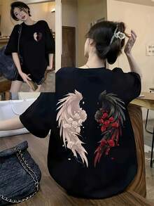 Camiseta casual de manga corta y cuello redondo con diseño gráfico, perfecta para verano y primavera, diseñada para mujeres de talla grande - Negro - Ver 2