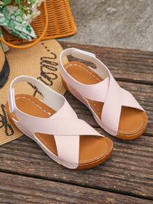 夏季新款時尚簡約粉色PU交叉楔形厚底女款涼鞋，適合度假與沙灘穿著 - 粉色 - 查看 7