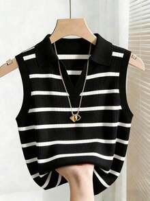 Chaleco de punto casual y elegante con cuello y rayas para mujer - Negro - Ver 5