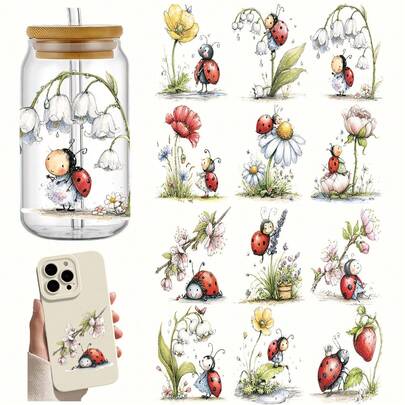 4pcs/Set Watercolor Ladybug & Insect Suitable For DIY Crafts, Self-Adhesive UV Transfer With Ladybugs, Dragonflies, For Mugs, Laptops, Water Bottles, Durable Plastic Sheets For Room Decor, Scrapbooking