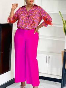 Conjunto de dos piezas para mujer: camisa con estampado floral y pantalones de pierna ancha - Rosa Fucsia - Ver 2