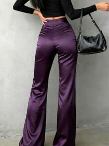 Pantalones rectos de satén de cintura alta para mujer, aptos para uso diario, oficina, traslados, hogar, citas, pequeñas fiestas y eventos sociales ligeros.Color: Negro.Temporada: Primavera - Morado - Ver 5