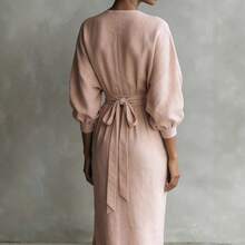 DAILY DOSE 2026 New Elegant Solid Color V Neck Long Sleeve Slit Waist Pocket Midi Dress For Women Chic European And American Style Party Casual Bodycon Maxi Dress With Side Slits, Girls' Gifts - ppink - 查看 2