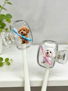 Cute 2 Teddy Dogs Holding Hands Toothbrush Pattern Portable Toothbrush Head Cover Storage Box Toothbrush Protective Cap Holder, Essential Bathroom Accessory For Home, Business Travel, Daily Use, Outdoor Outings, Back To School Gift - Multicolor - View 8