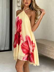 Elegant Backless Camisole Dress - Cream Fabric With Bold Red Floral Pattern, Perfect For Romantic Dates And Summer Gatherings - Orange - View 6