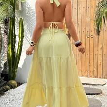 SunnyBelle 2pcs Solid Color Sexy Minimalist Vacation Style Halter Neck Loose Long Skirt Set, Elegant Beach Skirt Set Butter Yellow Two Piece Set Vacation Outfits Woman Skirt Set Maxi Skirt Two Piece Set Summer Skirt And Top Set - Amarillo - Ver 3