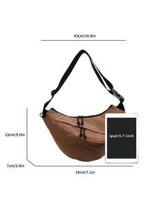 1pc Multi-Color Plaid Design Durable Canvas Material Layered Storage Zipper Closure Casual Shoulder Bag, Versatile Dumpling Shape - Khaki - View 10