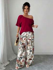 Set de 2 piezas con top de hombro asimétrico de unicolor casual de verano y pantalones con estampado floral para mujer - Burdeos - Ver 6