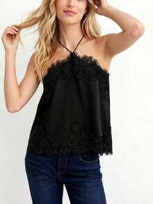 Women's Halter Neck Satin Tops Sleeveless Lace Trim Loose Fit Cami Tops Summer Shirts - Negro - Ver 5