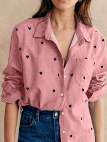 Camisa polo de manga larga con bolsillo y estampado de corazón de unicolor básico casual para mujer, adecuada para uso diario en , verano y otoño - Rosa - Ver 2