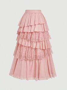 MOD Elegancia bohemia-occidental: Falda larga de gasa y encaje fluida en negro - Tu compañera sin esfuerzo para picnics a la hora dorada y aventuras bohemias - Rosa - Ver 2