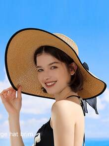 Mũ rơm vành rộng cho nữ, mũ đi biển vành rộng chống nắng mùa hè có nơ, mũ đi biển/chống nắng thời trang đa năng, nơ polyester giản dị, mùa xuân/hè. - mũ - Xem 10