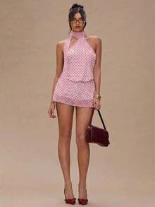 Vestido mini de mujer con estampado de lunares, estilo vacacional, de escote de halter - Rosa - Ver 3