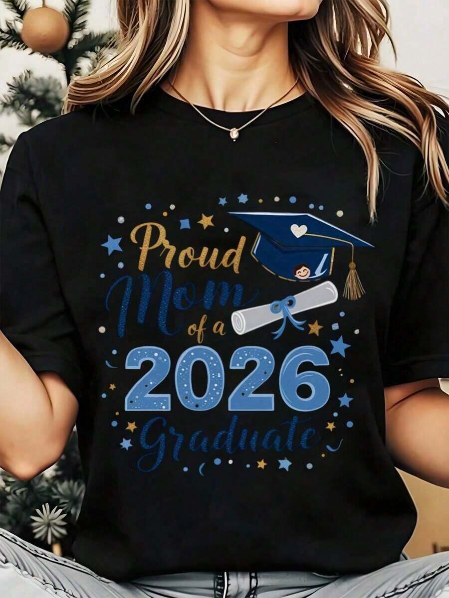 1 Piece Women's Round Neck T-Shirt With Graduation Cap And Diploma Design For A Mother Graduating In 2026, Ideal For Celebrating Your Child's Graduation, 220g/180g, 100% Cotton. - 黑色 - 查看 1