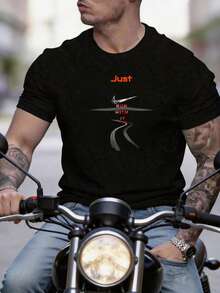 [Summer New Arrivals] Fashion Breathable Summer Comfortable Crew Neck Short Sleeve Solid Color Versatile Printed Men's T Shirt, Perfect For Daily Casual, Street Hangout, Motorcycle Riding And Outdoor Weekend Activities - 黑色 - 查看 1