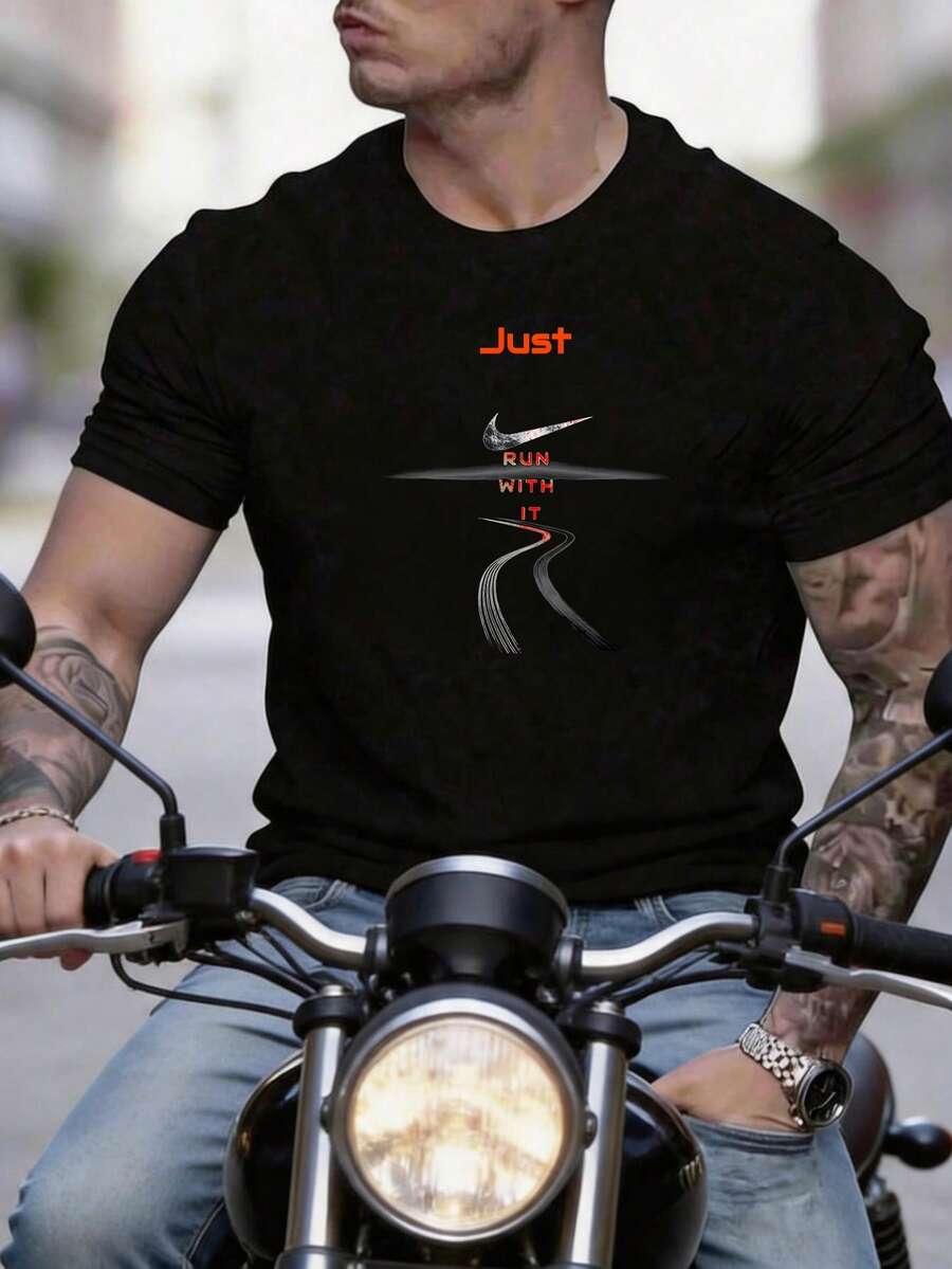 [Summer New Arrivals] Fashion Breathable Summer Comfortable Crew Neck Short Sleeve Solid Color Versatile Printed Men's T Shirt, Perfect For Daily Casual, Street Hangout, Motorcycle Riding And Outdoor Weekend Activities - 黑色 - 查看 1