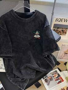 Camiseta vintage estampada de dibujos animados estilo Y2K para mujer - Cuello redondo casual, manga corta, ajuste regular, moda versátil para primavera/verano/otoño, camiseta casual de verano | Camisa ajustada relajada | Sin relleno - Negro - Ver 2