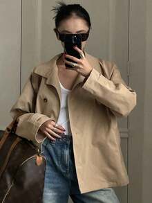 Chaqueta cortavientos de unicolor elegante y de moda para mujer, abrigo de mujer de corte regular de un solo pecho - Caqui - Ver 3