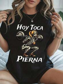 Nueva y moderna camiseta de manga corta para mujer con cuello redondo, diseño único de letras inglesas y estampado de calaveras, ideal para el verano. - Negro - Ver 1