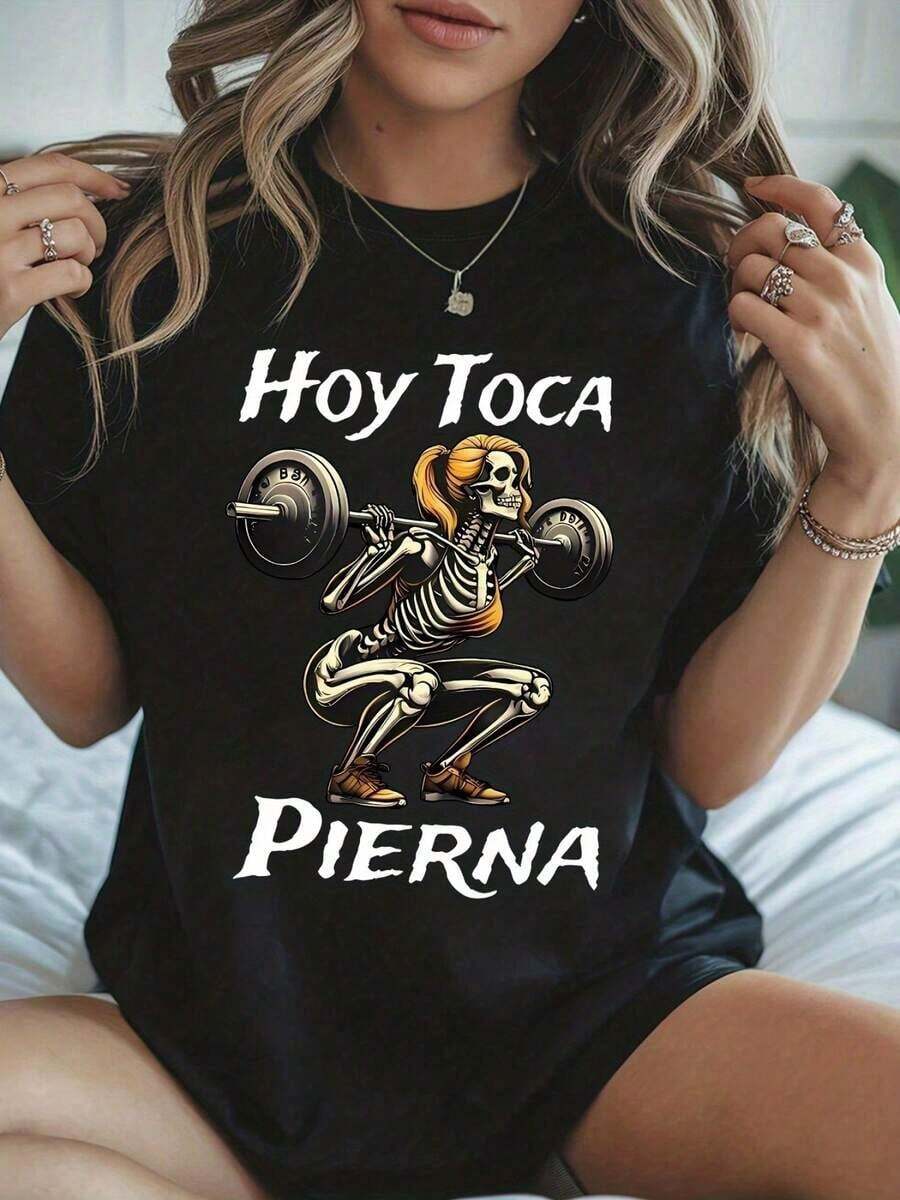 Nueva y moderna camiseta de manga corta para mujer con cuello redondo, diseño único de letras inglesas y estampado de calaveras, ideal para el verano. - Negro - Ver 1