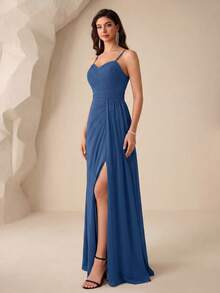 UNITHORSE Vestido de dama de honor de gasa con tirantes finos, cintura fruncida y abertura para boda - Neblina azul - Ver 4