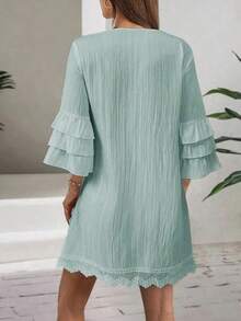 Vestido de mujer con cuello en V bordado, detalles con borlas de colores, manga 1/3 con volantes, decoración con borlas, vestido elegante de playa y vacaciones de verano - verde menta - Ver 3